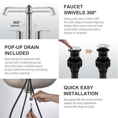 Brushed Nickel Pull Down Centerset Bathroom Faucet 2 Handle 3 Hole | Pull Out Bathroom Faucet with Pop Up Drain & Supply Lines, Lead-Free cUPC & NSF Certified, 4 Inch Faucet for Vanity RV Sink - color: Brushed Nickel