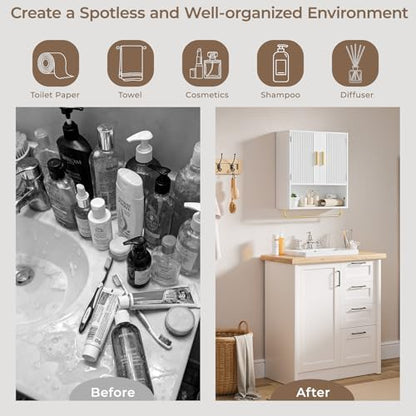 Bathroom Wall Cabinet, Medicine Cabinet with Fluted Door & Adjustable Shelf | Over The Toilet Storage Cabinet with Towel Bar, Space-Saving Cabinet Wall Mount for Laundry Room, Kitchen, Living Room - color: White