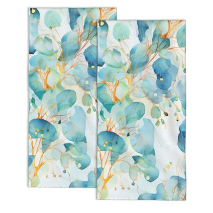 2 Pack Hand Bath Towel,Teal Eucalyptus Leaves Decorative Bath Towel Set,Fingertip Towel Bathroom Kitchen Highly Absorbent SPA Gym Towels 14x28 Inch