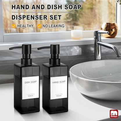 GMISUN Black Glass Soap Dispenser, Hand Soap Dispenser with Stainless Steel Pump for Bathroom, 12 fl oz/350ml Refillable Dish Dispensers for Kitchen, Modern Liquid Lotion Bottles for Countertop - color: Clear Black Bottle + Black Pump