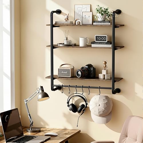 3 Tier Industrial Pipe Floating Shelf, 24" Kitchen Wall Shelves | with Towel Bar & 6 Hooks, Coffee Bar Shelves Display Bookshelf Wall Shelf for Kitchen, Bathroom, Home Décor, Rustic Brown - size: 24 Inch（3 Tier）