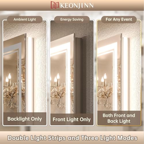 Keonjinn 48 x 36 Inch LED Bathroom Mirror with Lights, Frontlit and Backlit | HD Tempered Glass, Separately Frontlit/Backlit, Double Light Strips, Stepless 3 Colors Temperature & Dimmable, Fast Defogging - size: 36"L x 48"W