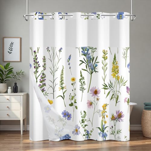Floral No Hook Shower Curtain and Liner Set, Double-Layer Waterproof Shower Curtains for Bathroom, Washable Shower Curtain with Snap in Liner, Weighted Bottom and Breathable Mesh Window, 71x74 Inches - color: Blooming Wildflowers