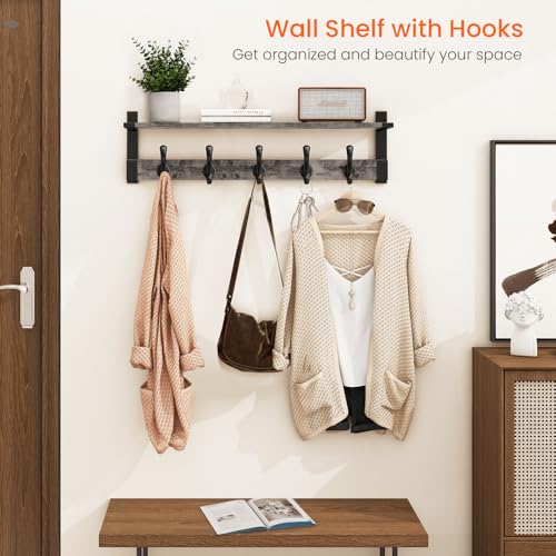 Homode Coat Rack Wall Mount with Shelf, 29 Inch Wood Wall Shelf with Hooks, Entryway Coat Hanger Wall Mount with 5 Hangers for Bathroom, Bedroom, Living Room, Grey - color: Gray, size: 29 Inch Long