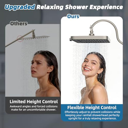 Hibbent 13'' Rain Shower Head with 12'' Extension Arm, Brushed Nickel | High Pressure 5 Modes Rainfall Shower Head with Solid Brass Adjustable Shower Arm Extender, Waterfall fixed Square Showerhead - color: Brushed Nickel