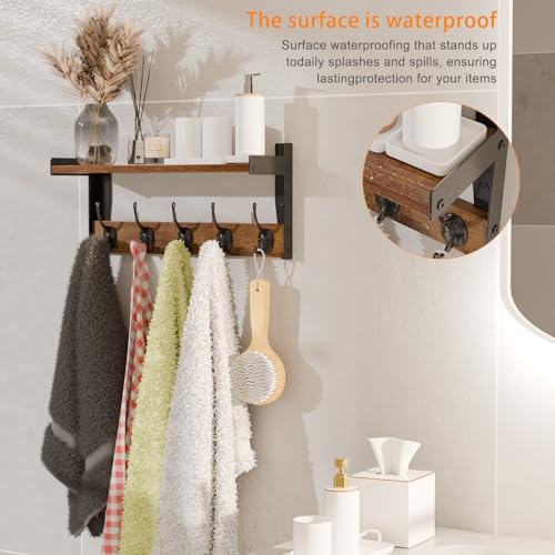 Wall Hooks with Shelf, Wood Coat Rack with Shelf Wall-Mounted, Entryway Hanging Shelves with 5 Metal Hooks for Clothes Hats Towel Purse Robes, Bathroom Mudroom Bedroom, Rustic Brown - size: 16 inch Long