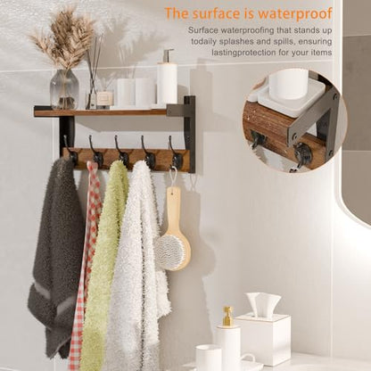 Wall Hooks with Shelf, Wood Coat Rack with Shelf Wall-Mounted, Entryway Hanging Shelves with 5 Metal Hooks for Clothes Hats Towel Purse Robes, Bathroom Mudroom Bedroom, Rustic Brown - size: 16 inch Long