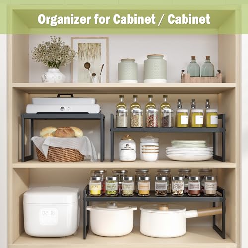 DOLALIKE Expandable kitchen Countertop Organizer, Stackable Cabinet Shelf Organizers, Space Saving Spice Rack Pantry Storage for Bathroom Office (Black, 1 Pack) | Space Saving Metal Pantry Storage Racks for Kitchen Spice Rack Pans and Untensils Bathroom O