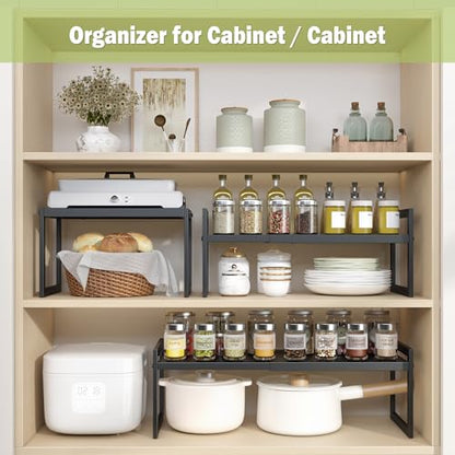 DOLALIKE Expandable Kitchen Countertop Organizer, Stackable Cabinet Shelf Organizers, Space Saving Spice Rack Pantry Storage for Bathroom Office Organization (Black, 2 Pack) | Space Saving Metal Pantry Storage Racks for Kitchen Spice Rack Pans and Untensi