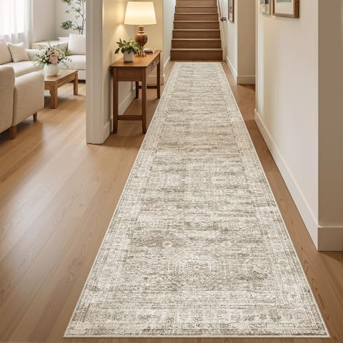 Soalmost Runner Rug 2x10 Washable Non-Slip Hallway Kitchen Runners Brown | Stain Resistant Vintage Rugs for Bathroom Laundry Room, Low Pile Foldable Floor Carpet Mat for Entryway Corridor Bedroom - color: Brown, size: 2' x 10' (Runner)