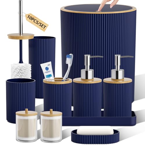 10PC Bathroom Accessories Set - Navy Blue and Wooden Bathroom Sets, Bathroom Accessory Set with Pop Up Trash Can, Toilet Brush, Trash Can, Qtip Holder & Soap Dispenser - color: Navy Blue & Wood, size: Bath Set