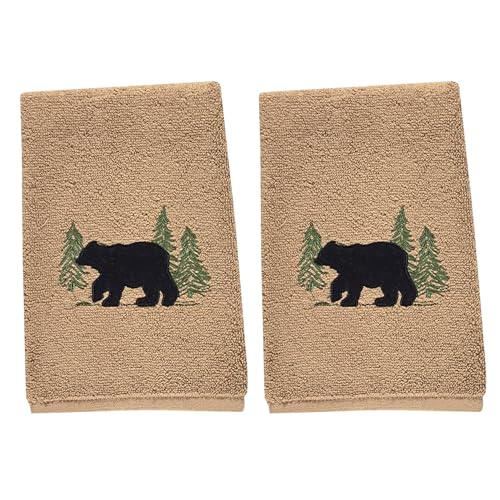 Park Designs Black Bear Fingertip Towel Set of 2 | 19" x 11" | Cotton Terry | Embroidered Bear & Pine Tree Motif | Rustic Lodge Bathroom Decor - color: Black Bear Fingertip Towel