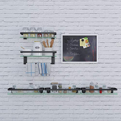Glass Bathroom Shelf with Towel Bar 15.7in Bathroom Wall Shelves Rustproof Metal Bathroom Wall Organizer 2-Tier (Black) - style: 2 tier with towel bar black