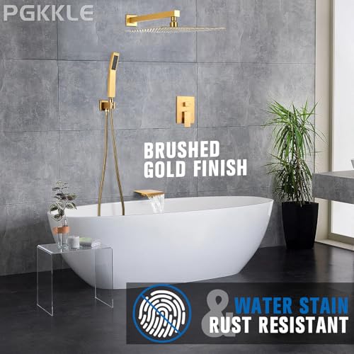 12 Inch Rainfall Shower System with Tub Spout Wall Mounted Complete Combo with Solid Brass Pressure Balancing Valve, High Pressure Shower Head, Handle Set & Installation Accessories - color: Brushed Gold