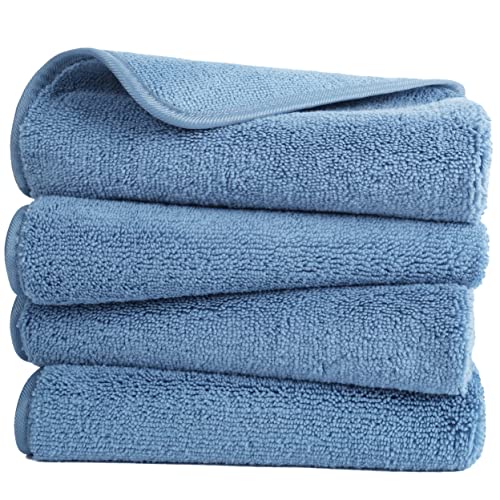 POLYTE 330 GSM Poly Blend Microfiber Quick Dry Hand Towel, 16x30 in | 4 Pack, Oversize, Lint Free, Hanging Loop - color: Blue