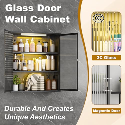 Metal Bathroom Wall Storage Cabinet,Hanging Medicine Cabinets with 2 Glass Doors,Black 3-Tier Over The Toilet Cabinet Wall Mounted,Wall Cabinet for Bathroom Laundry Room Kitchen - color: Black New