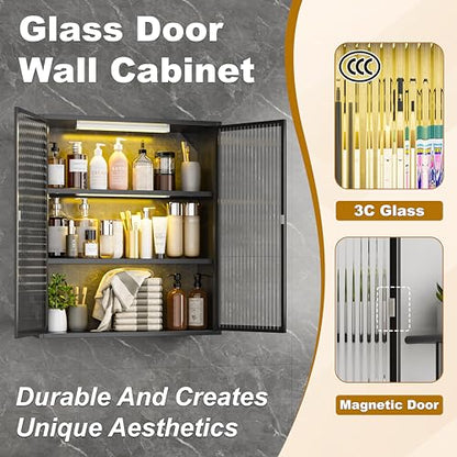 Metal Bathroom Wall Storage Cabinet,Hanging Medicine Cabinets with 2 Glass Doors,Black 3-Tier Over The Toilet Cabinet Wall Mounted,Wall Cabinet for Bathroom Laundry Room Kitchen - color: Black New