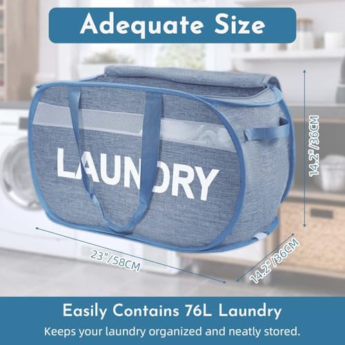 Collapsible Laundry Basket 2 pack, Foldable Pop Up Blue Laundry Baskets Mesh with Lid & Handle, Pop Up Collapsible Laundrys Hamper, Fabric Laundrys Baskets for Dorm, Travel, Bathroom - color: Blue