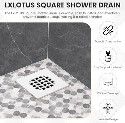 4-1/4” Square Snap-in White Shower Drain - Stainless Steel Replacement - 4.25 inch Durable Floor Cover -Snap-in - Easy Installation Universal Grate Strainer - color: White