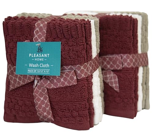 PH Pleasant Home Diamond Wash Cloths Set - 12 Pack (12” x 12”) – 509 GSM - 100% Ring Spun Cotton Wash Cloth - Super Soft and Highly Absorbent Face Towels (Maroon, White & Tan) - color: Maroon, White & Tan, style: Diamond