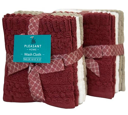 PH Pleasant Home Diamond Wash Cloths Set - 12 Pack (12” x 12”) – 509 GSM - 100% Ring Spun Cotton Wash Cloth - Super Soft and Highly Absorbent Face Towels (Maroon, White & Tan) - color: Maroon, White & Tan, style: Diamond