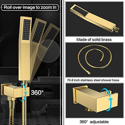 Brushed Gold Shower System Rain Faucet Set with Tub Spout, 10 inch | All-Metal Wall Mounted Bathroom Shower Faucet Set with Safe Pressure Balance Valve, Water Saving High Pressure Rainfall Head - color: Brushed Gold, style: 10in with Tub spout