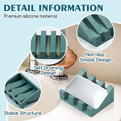 Self Draining Silicone Soap Dish Holder Waterfall Tray, 2 Pack Green Pink | Waterfall design drains fast to keep soap dry, non-slip silicone base anti slide, soap saver for bathroom & kitchen - color: Pink-green, size: 2