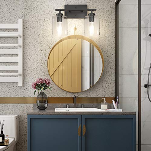 Aipsun 2 Lights Black Vanity Light Fixtures Over Mirror with Clear Glass Shades Industrial Wall Light Fixture for Bathroom(Exclude Bulb) - size: 15 inch