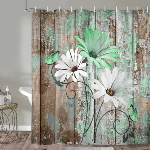 JAWO Farmhouse Flower Floral Shower Curtain, Rustic Green Daisy Shower Curtain Set, Country Green Wild Garden Plant Fabric Shower Curtain with Hooks, Brown Wooden Board Bathroom Curtain, 69x75inch - color: Daisy-green, size: 69"W x 75"L (Pack of 1)