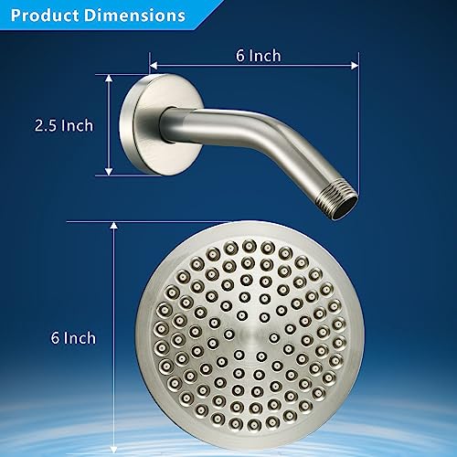 High Pressure Rain Shower Head with Arm - High Flow Rainfall Showerhead - Luxury Modern Look - Pressure Boosting (6" Shower Head with 6" Arm, Brushed Nickel) - color: Elegant Brushed Nickel