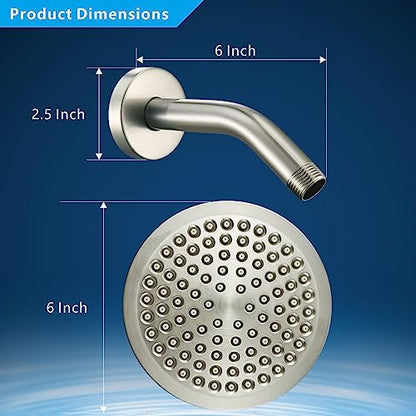 High Pressure Rain Shower Head with Arm - High Flow Rainfall Showerhead - Luxury Modern Look - Pressure Boosting (6" Shower Head with 6" Arm, Brushed Nickel) - color: Elegant Brushed Nickel