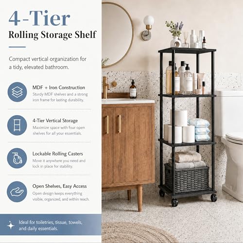 4-Tier 38.2" Tall Black Bathroom Shelving Unit with Wheels | Wood Finish, Metal Frame, Rolling Narrow Open Shelf Design, for Laundry Room, Kitchen, Living Spaces, Easy to Move - color: Black, size: 4-Tier