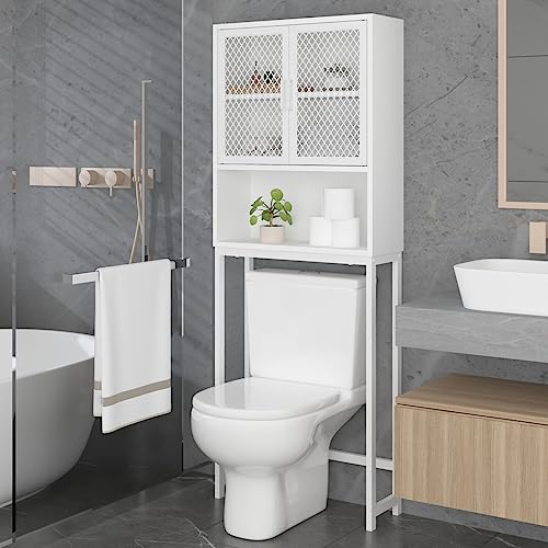 Launica 65 Inch Over The Toilet Storage Cabinet Wood and Metal White Oak | Over Toilet Bathroom Organizer with Mesh Doors and Shelves Freestanding Bathroom Storage Cabinet Above Toilet - color: White Oak