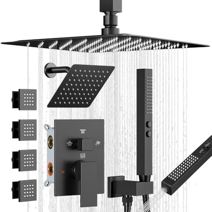 Shower System with Body Jets, Bostingner Four Modes Shower Faucet Sets with Handheld Spray 2 Ways, 4Pcs Shower Body Jets in Wall,10"+6" Rain Shower Head, Matte Black Shower Sets Complete - color: Matte Black, size: 6+10 inch