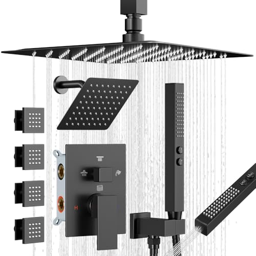 Shower System with Body Jets, Bostingner Four Modes Shower Faucet 12+6" Rain Shower Head with Handheld Spray 2 Ways, 4Pcs Shower Jets System in Wall Shower Faucet Sets Complete, Matte Black - color: Matte Black, size: 6+12 inch-01