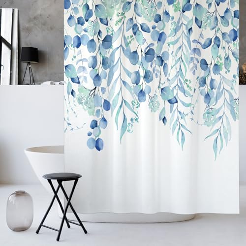 KAIRA Fresh Style Blue Eucalyptus Shower Curtain, Watercolor Plant Leaves with Floral Bathroom Shower Curtain,72 x 72 Inches, Easy to Clean Waterproof Polyester Fabric Includes 12 Hooks - color: Blue