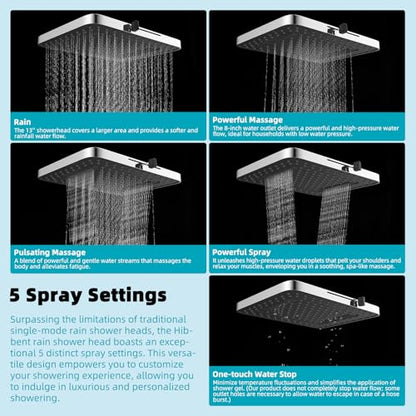 Hibbent cUPC Certified 5 Spray Modes Shower Head, 13'' High Pressure Large Rainfall Shower Head, High Flow Waterfall Bathroom Fixed Showerheads with Adjustable Swivel Ball Joint, Chrome - color: Chrome, style: Square 13''
