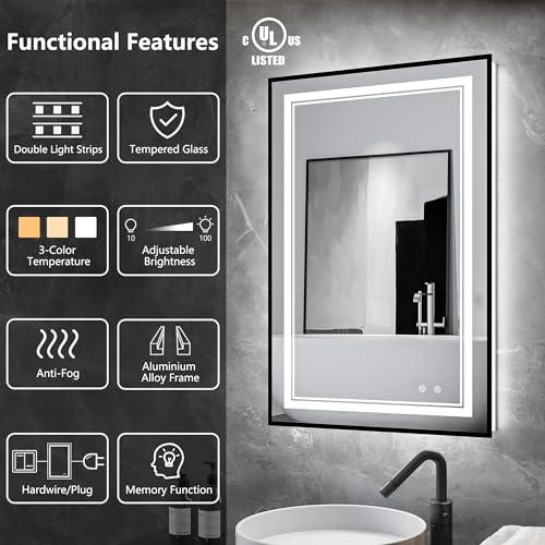 24"x36" Black LED Bathroom Mirror with Lights, Front and Back Light | Dual Light Strips,Thin Frame, Fogless, Dimmable, 3 Color Changing, Shatterproof, Touch Sensor, Horizontal/Vertical,Industrial