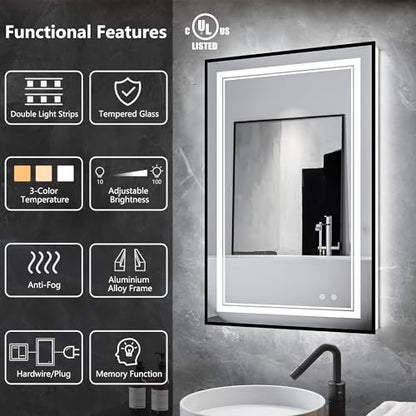 24"x36" Black LED Bathroom Mirror with Lights, Front and Back Light | Dual Light Strips,Thin Frame, Fogless, Dimmable, 3 Color Changing, Shatterproof, Touch Sensor, Horizontal/Vertical,Industrial