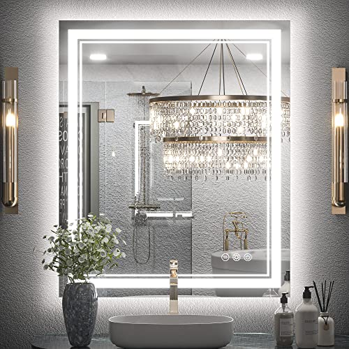 Keonjinn 30 x 36 Inch LED Bathroom Mirror with Lights, Frontlit and Backlit | HD Tempered Glass, Separately Frontlit/Backlit, Double Light Strips, Stepless 3 Colors Temperature & Dimmable, Fast Anti fog - size: 36"L x 30"W