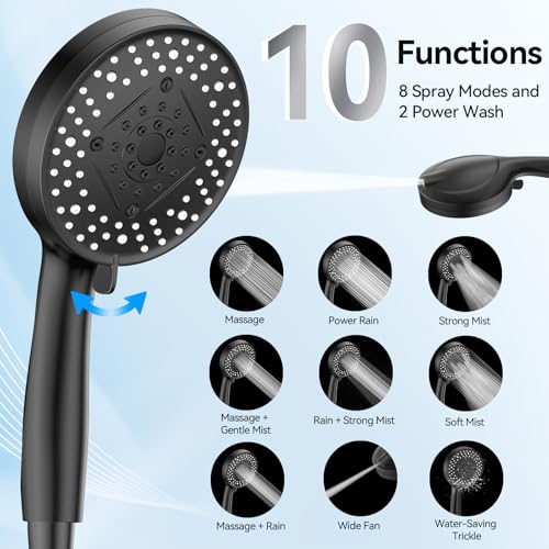 VOXON Shower Head 10 Functions, High Pressure Handheld Shower Head, Built-in 2 Power Wash Mode to Clean Corner, Non-Clogging Nozzles, Leakproof Stainless Steel Hose&Metal Bracket, Black - color: Black