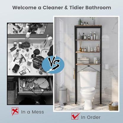 Giantex Over The Toilet Storage Shelf, 4-Tier Freestanding Space Saver Above Toilet Shelves w/Paper Holder, Side Hook & Adjustable Foot Pads, Over Toilet Bathroom Organizer for Restroom, Laundry