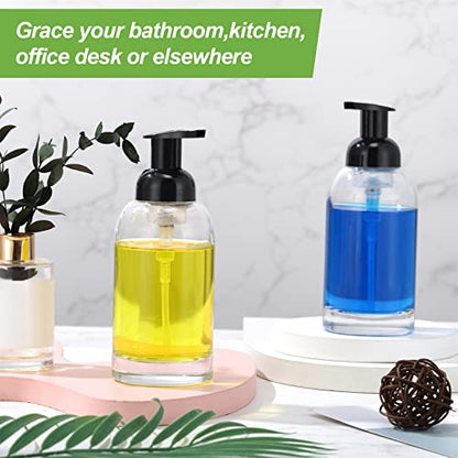 Eccliy 4 Pack Foaming Soap Dispenser, 13 oz Clear Thick Glass Pump | Refillable Foam Soap Bottles for Hand Soap and Body Wash, Ideal for Bathroom Countertop, Kitchen Sink and More, Black Pump