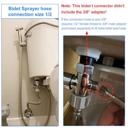 Bidet T Adapter with Shut-off Valve: 3 Way Brass T-valve for Bidet 7/8”X 7/8”X 1/2” - Tee Connector Leakproof Adjust Water Pressure Toilet Attachment Bathroom Installation