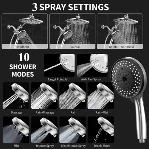 High Pressure Shower Head with Handheld, Upgrade Rain Shower Heads with Fixed Showerhead Combo, 10 Sprays Handheld Shower Head Built in Power Jets, 71" Long Hose, Chrome Silver - color: Chrome