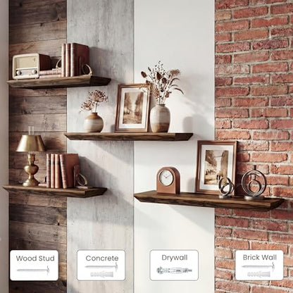Acovy 36in Solid Spruce Wood Floating Shelves with Beveled Bottom Edges, Wooden Floating Shelf with Heavy-Duty Bracket for Living Room Bathroom Bedroom Kitchen, Rustic Brown, Set of 2 - color: Rustic Brown, size: 36"-2 Packs