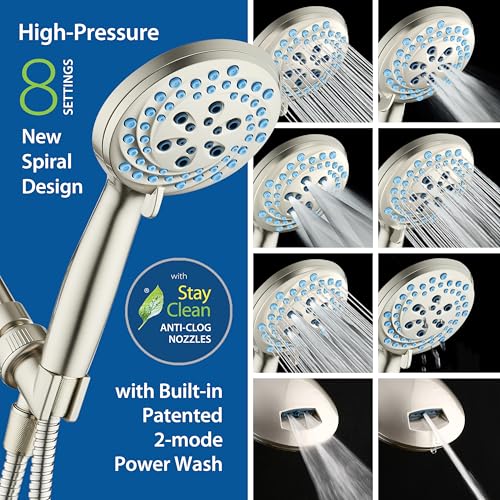 AquaCare New 8-mode High Pressure Handheld Shower Head w/ 2-way Power Wash | Stay Clean Nozzles, Dual Power Wash for Tub, Tile & Pets, Long 6 ft. Stainless Steel Hose, Wall & Overhead Brackets / Nickel - color: Nickel