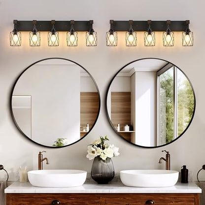 Bathroom Light Fixtures,Farmhouse Black Metal with Glass Shade | 5 Light Rustic Vanity Lights, Wood Accent Wire Cage Design, Mounts Over Mirror, Ideal for Bedroom & Hallway,Easy to Install - size: 5-Light