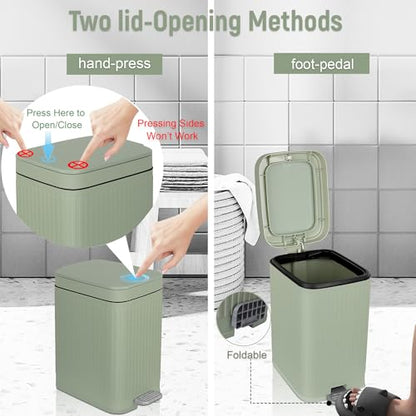 rejomiik Small Bathroom Trash Can with Lid Slim Soft Close Garbage Can Step Wastebasket Container Trash Bin for Office Bedroom Kitchen Living Room (1.9 Gallon Light Green) | Garbage Can with Pedal for Office, Bedroom, Kitchen & Living Room, Narrow Plastic