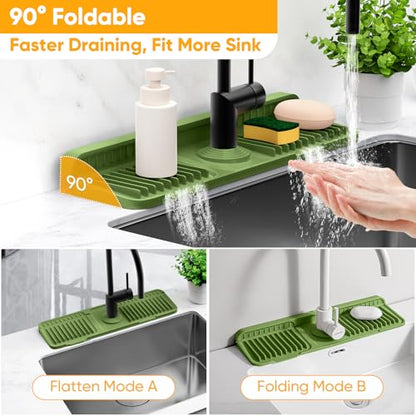 17.7'' Faucet Mat for Kitchen Sink Splash Guard[7° Slope Fast Self-draining][Snap Lock Fit] Folding Kitchen Sink Faucet Mat Splash Guard Kitchen Sink Area Water Splash Guard Behind Faucet Draining Mat - color: Green, size: 17.7" x 5.5"